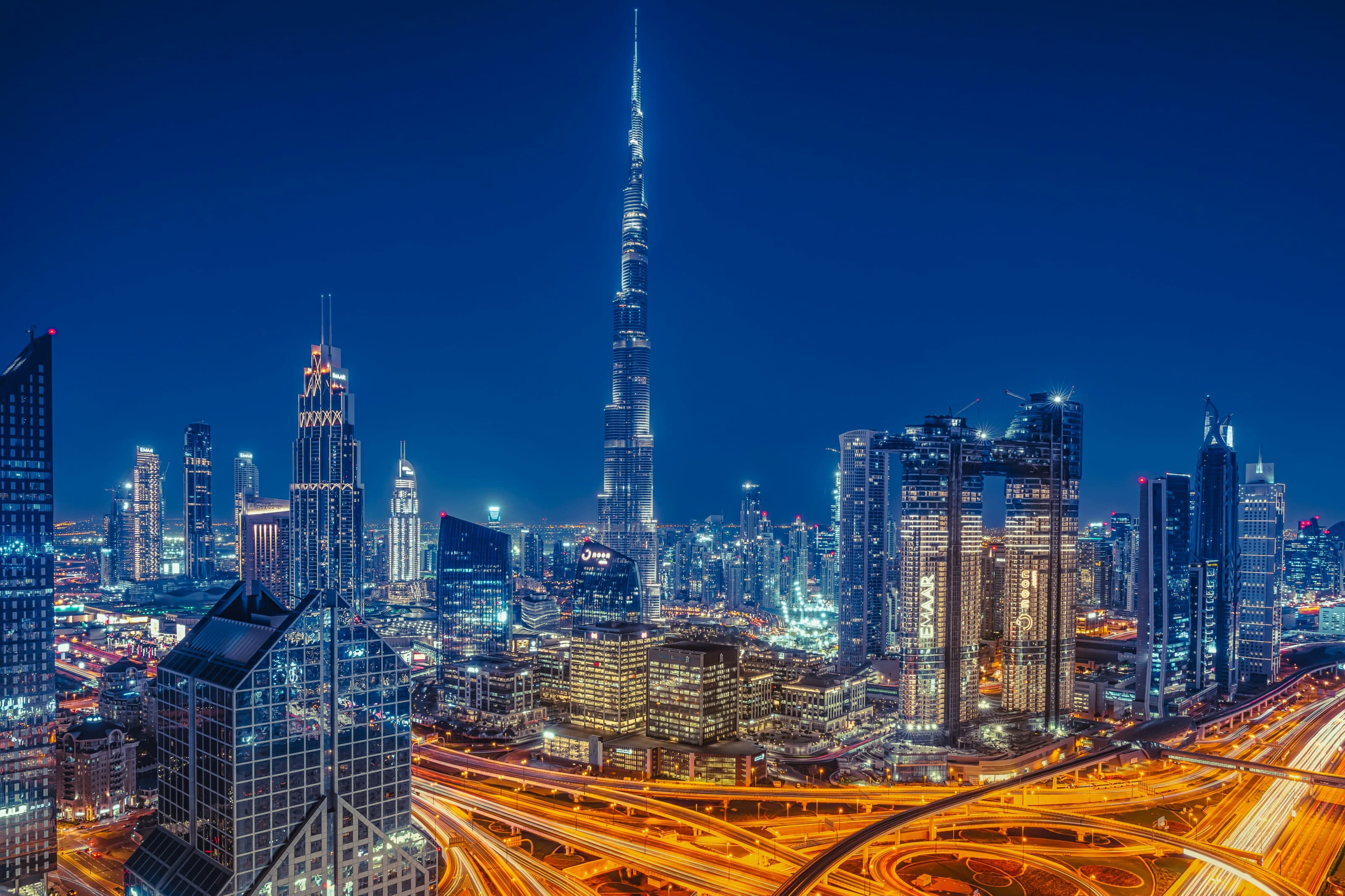 Dubai Financial Centre & Burj Khalifa Illuminated Night